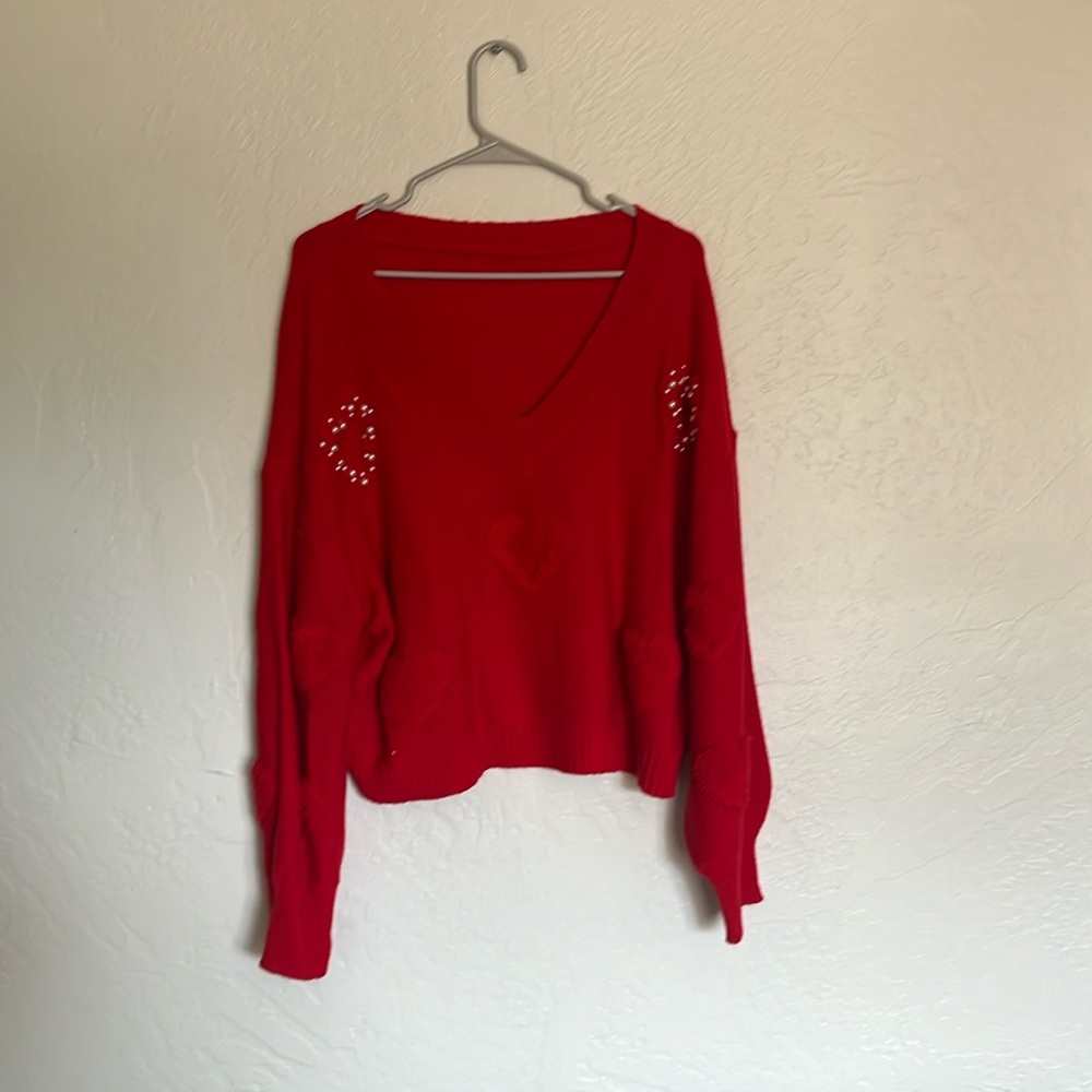 Red heart sweater with pearls size M